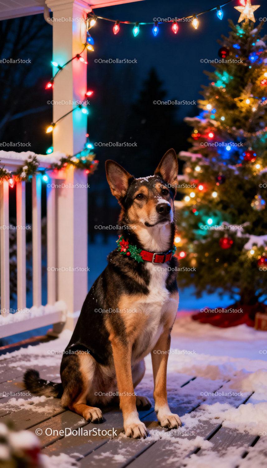 Dog Sitting on Snowy Porch with Festive Christmas Lights