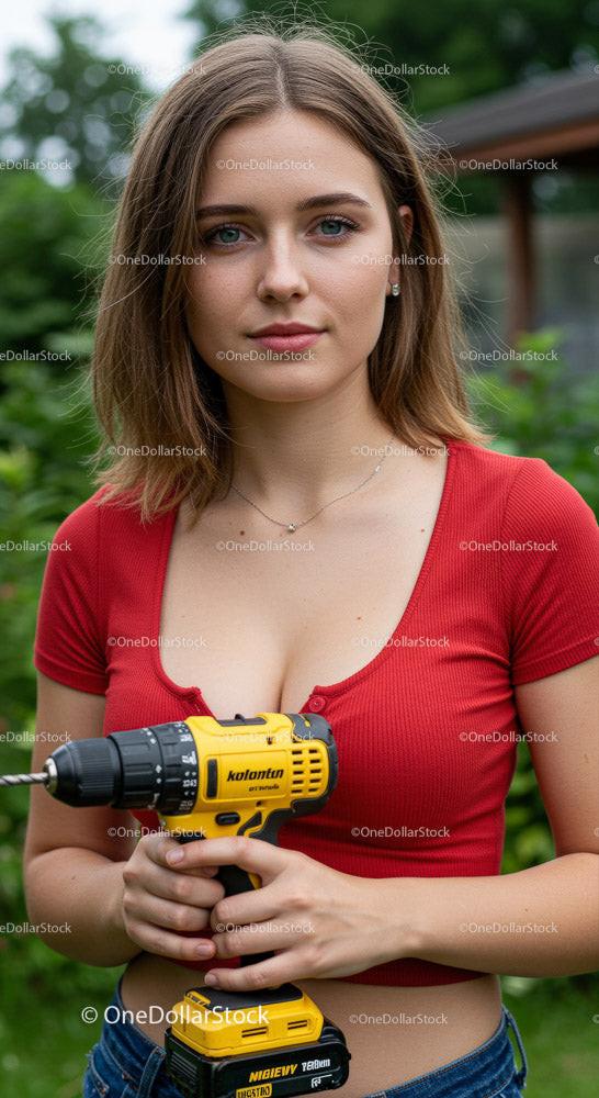 Young Woman Holding Power Drill in Garden Setting Stock Photo Bundle preview 6