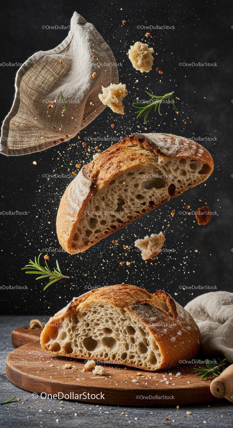 Rustic sourdough bread with flying crumbs and herbs