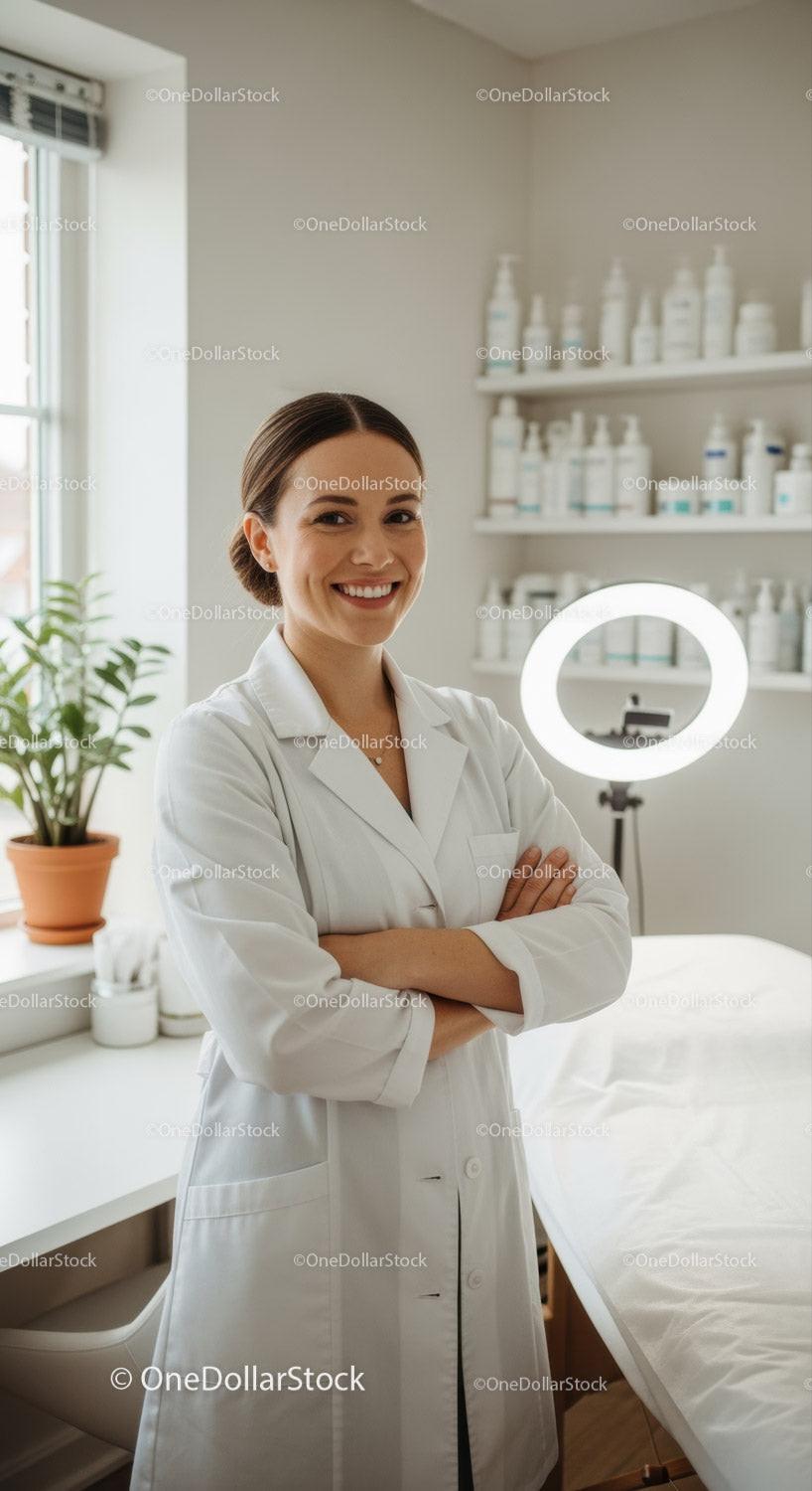 Professional Female Doctor in White Coat in Modern Medical Clinic