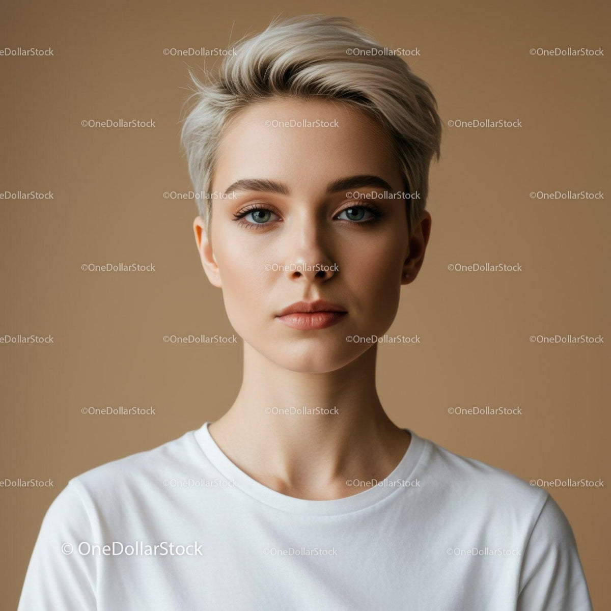 Portrait of a Young Woman with Blonde Short Hair and Blue Eyes