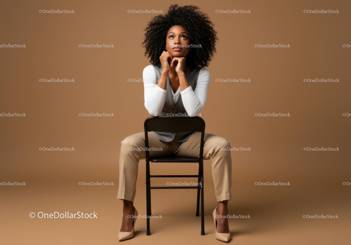 Thoughtful Woman Seated in Elegant Attire Against Brown Background Stock Photo Bundle preview 14