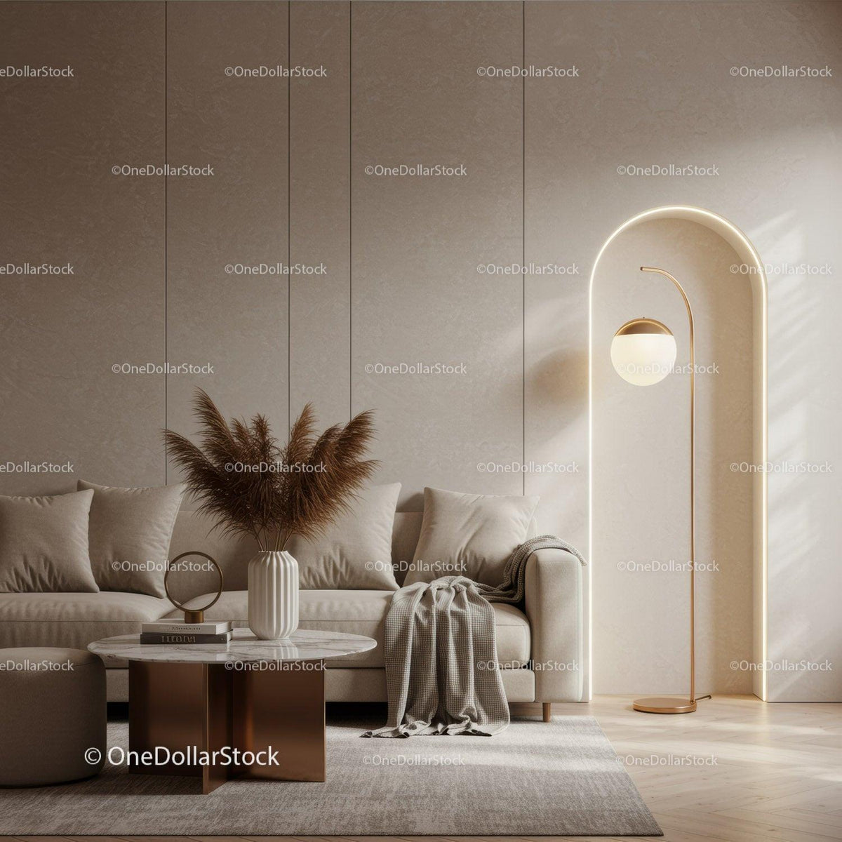 Cozy beige living room with modern decor and soft lighting