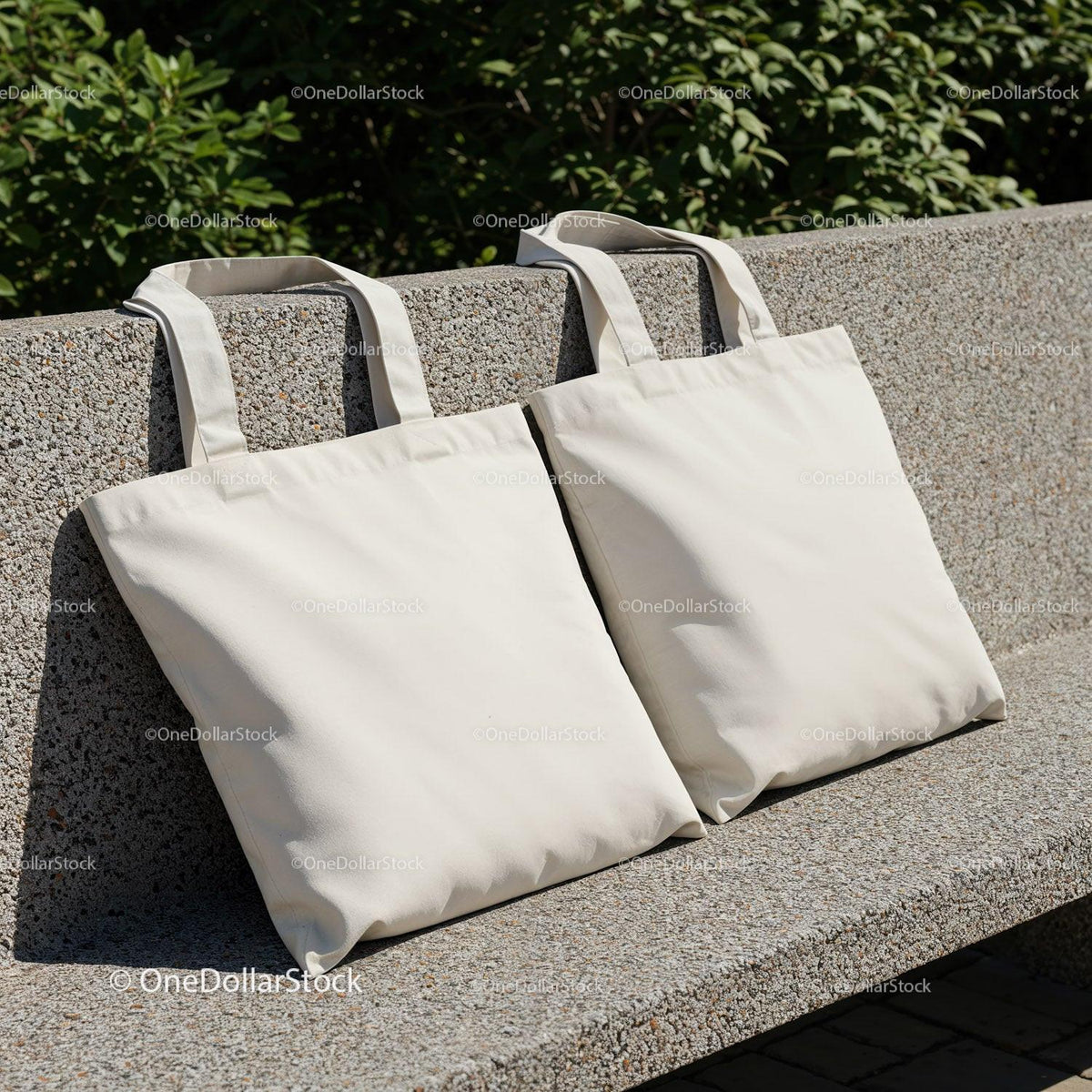 Two Blank Canvas Tote Bags Resting on Stone Bench JPG Mockup Image preview