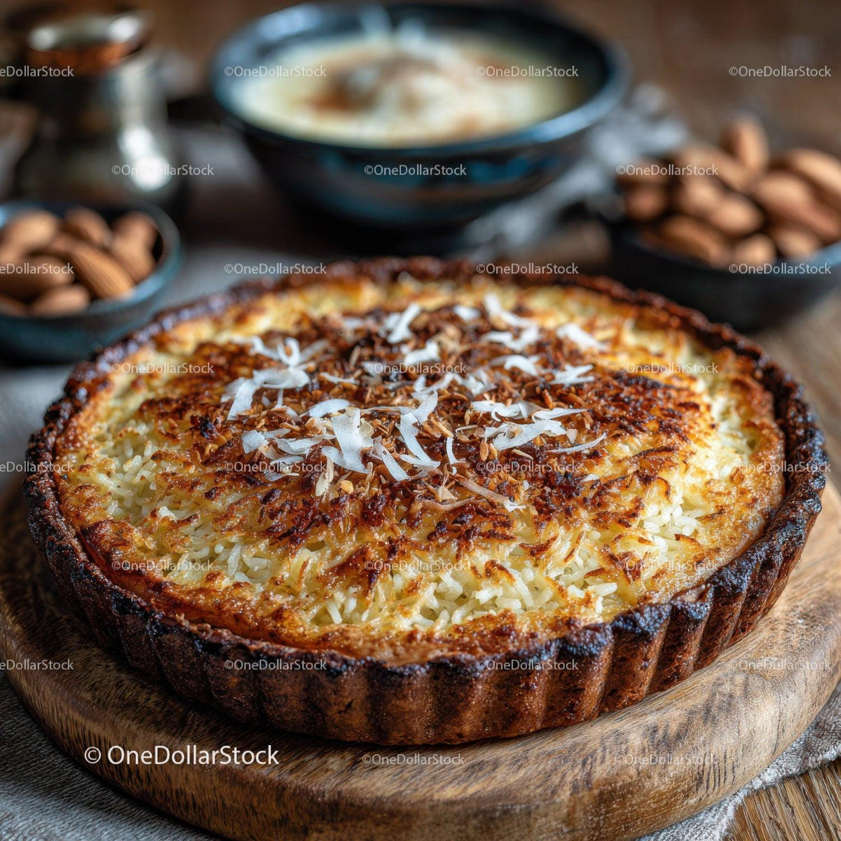 Coconut Tart Baked with Toasted Coconut Flakes on Rustic Wooden Board