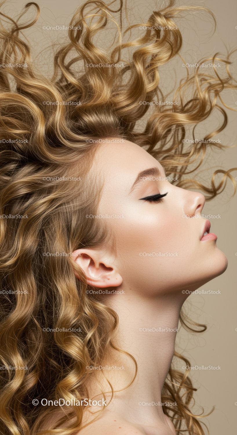 Profile of young woman with voluminous curly hair