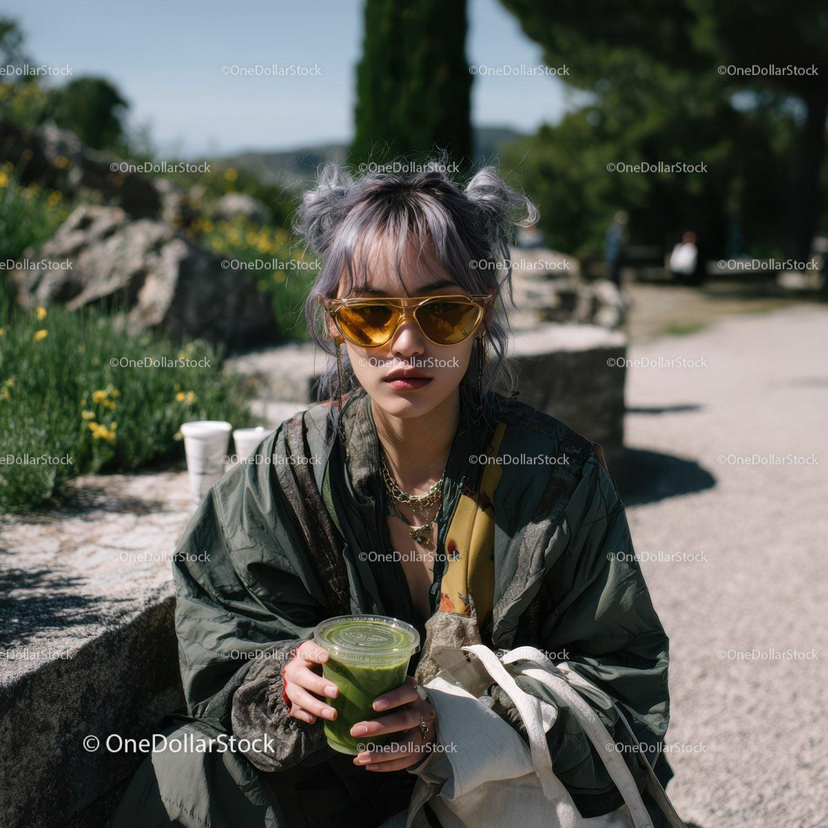 Stylish Young Woman in Green Jacket and Yellow Top Sitting Outdoors