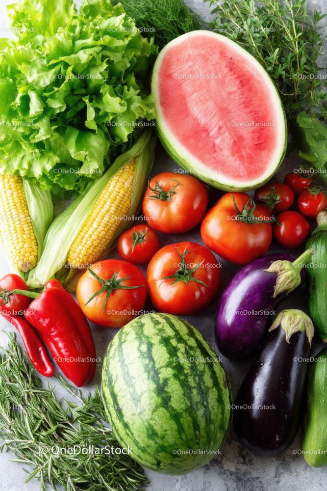 Fresh Assorted Vegetables and Watermelon Collection for Healthy Eating