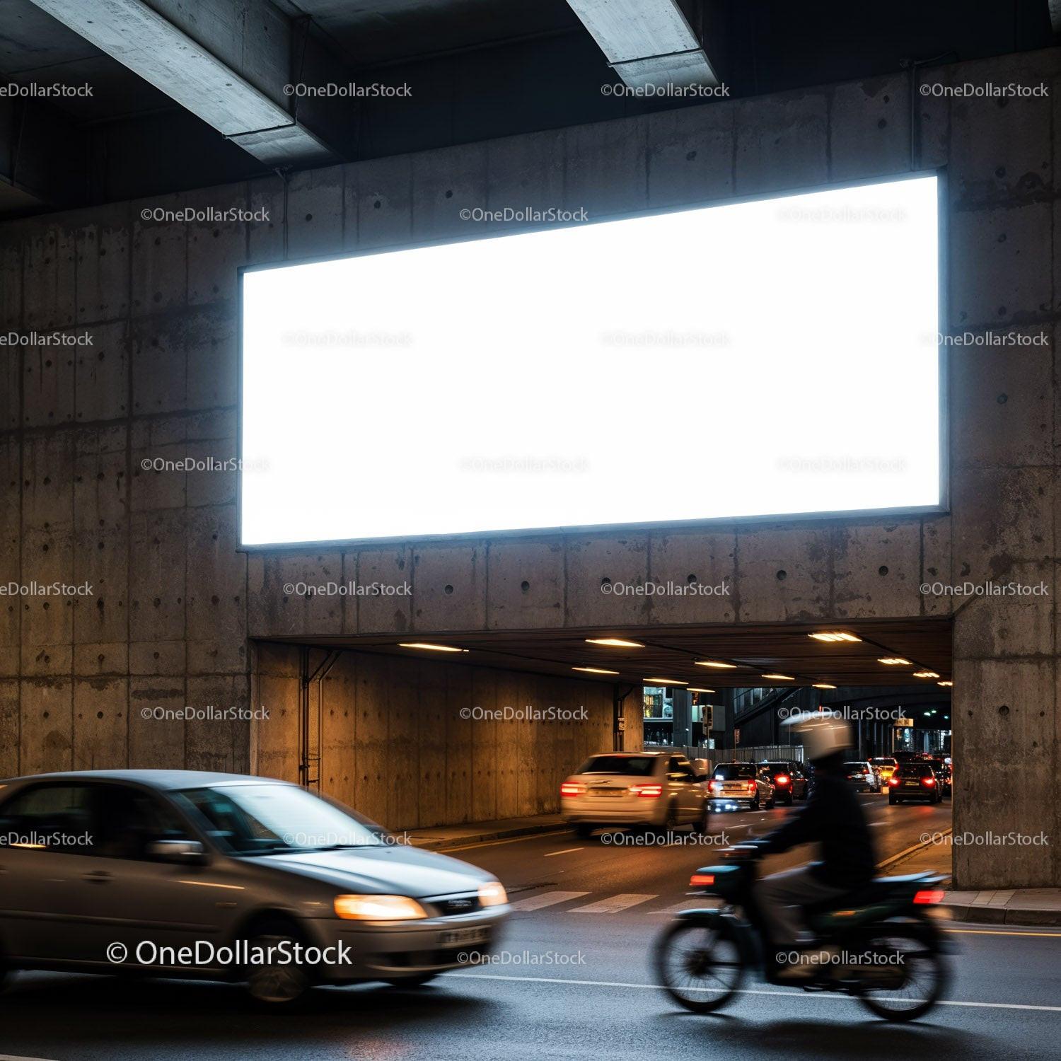 Urban Traffic Passing Under Concrete Overpass at Dusk