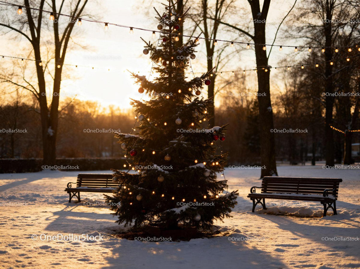 Outdoor Christmas Tree with Warm Lights at Sunset