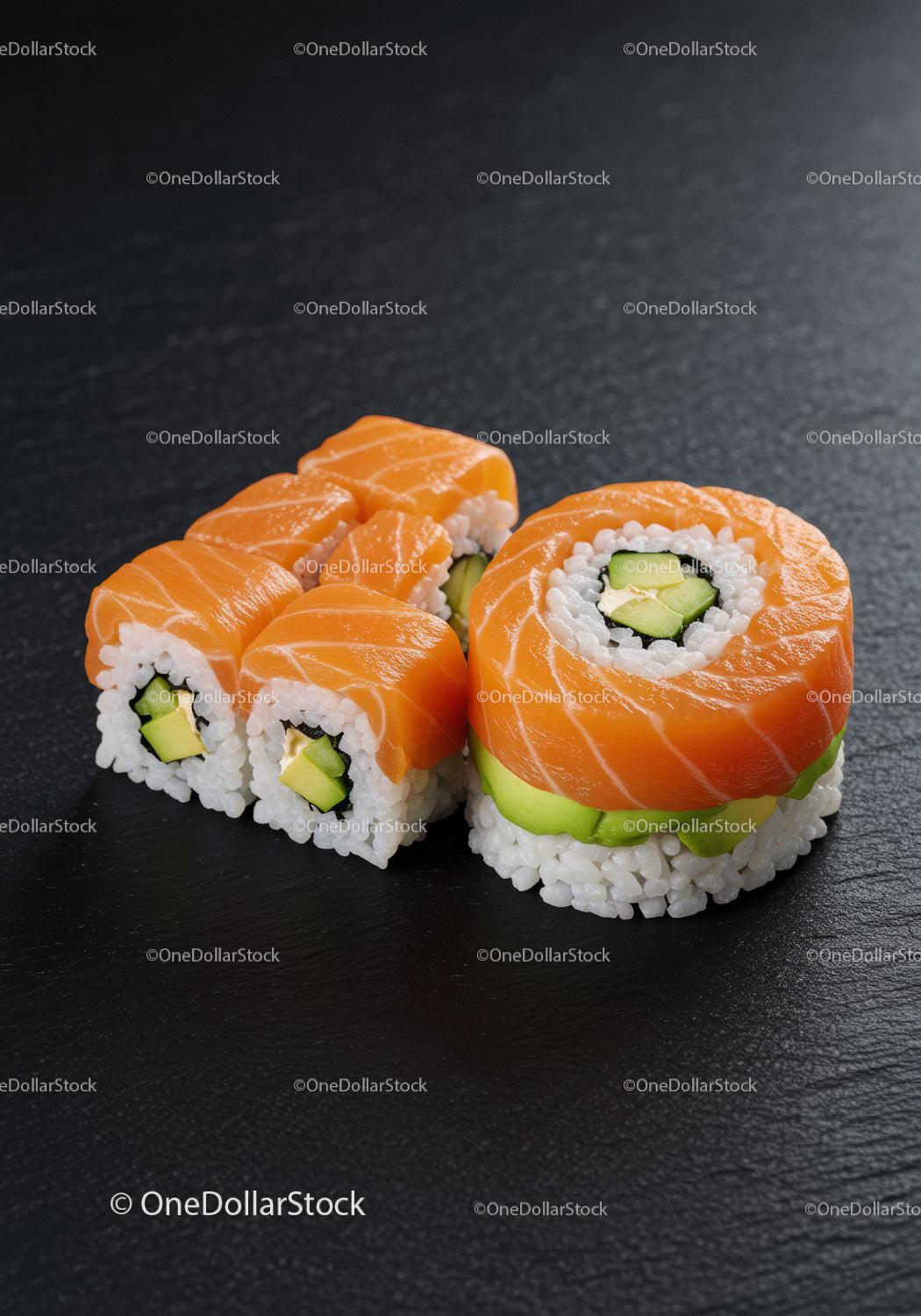 Fresh salmon sushi rolls with avocado on black plate