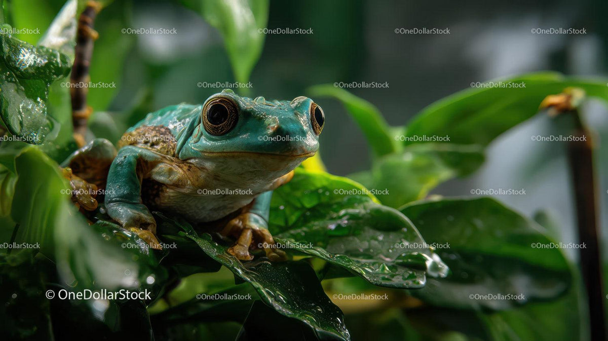 Green Tree Frog Resting on Glossy Tropical Leaves