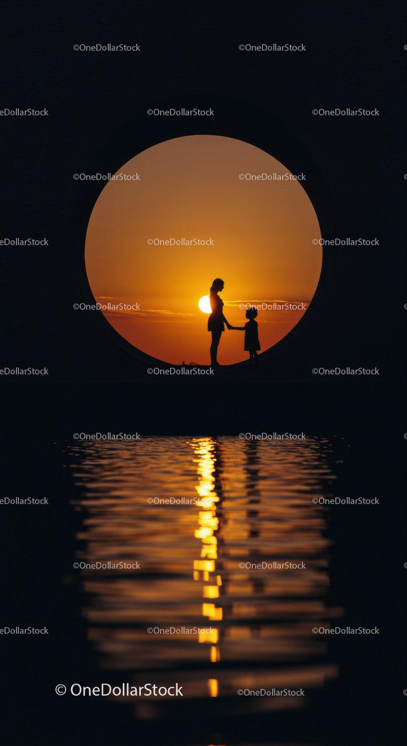Silhouette of mother and child at sunset by water