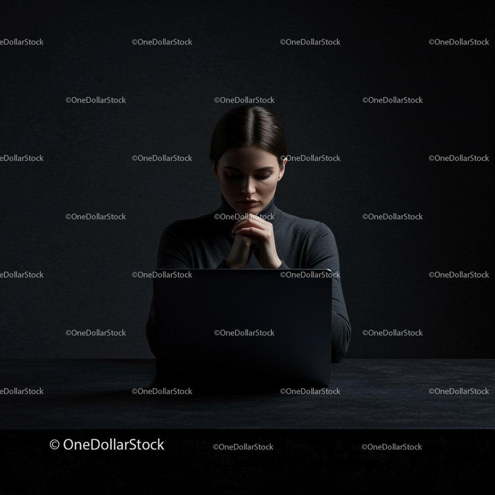 Thoughtful Woman at Laptop in Dark Modern Workspace Stock Photo Bundle preview