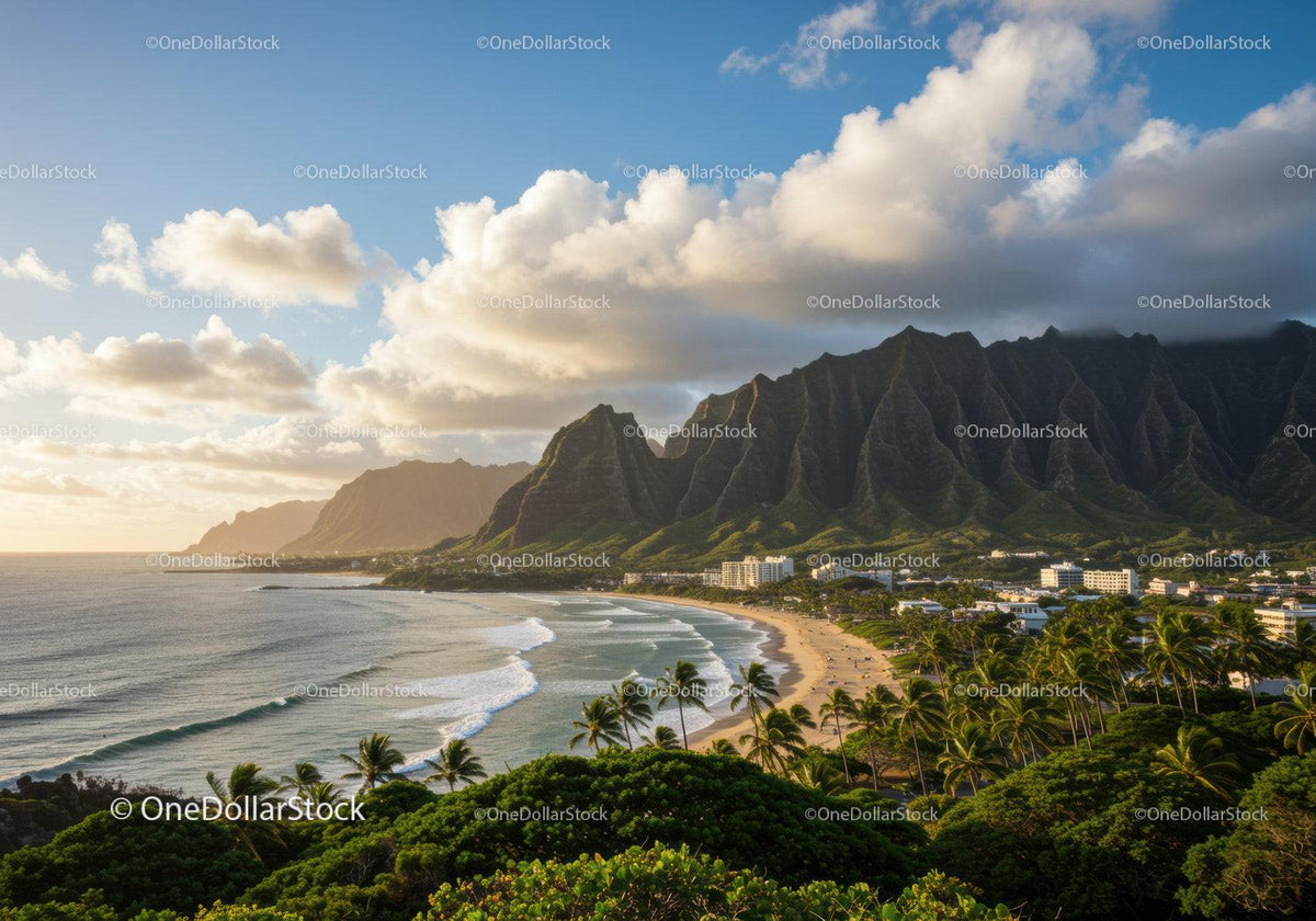 Scenic Tropical Beach with Mountain backdrop and Palm Trees