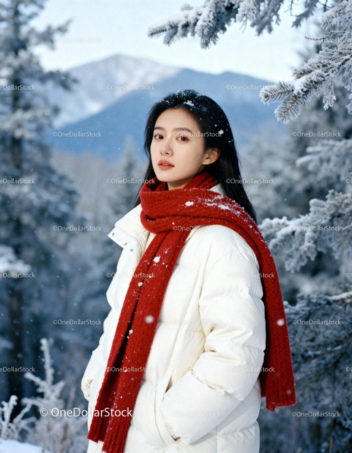 Young woman enjoying serene winter landscape in red scarf