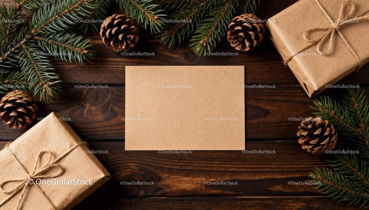 Rustic Christmas Gifts with Pinecones and Blank Card JPG Mockup Image preview