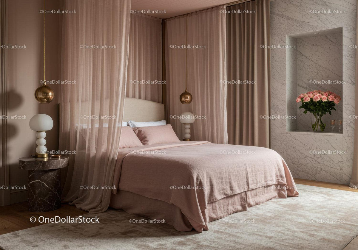 Serene bedroom with soft pink canopy and floral accents