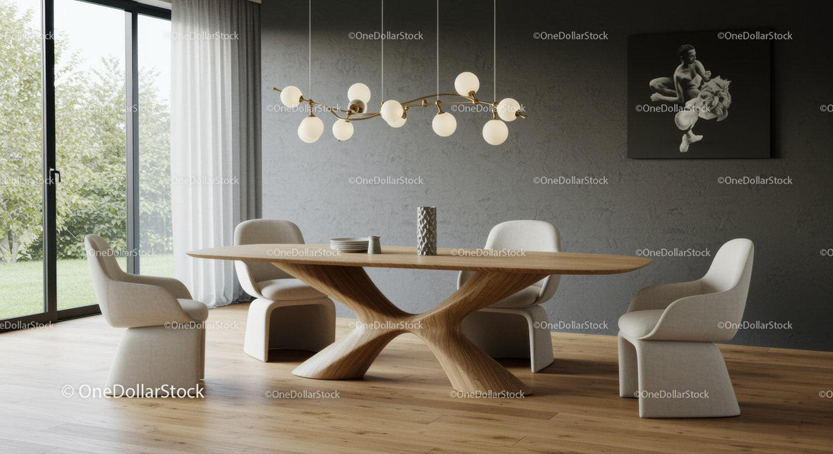Elegant Modern Dining Room with Wooden Oval Table and Beige Chairs