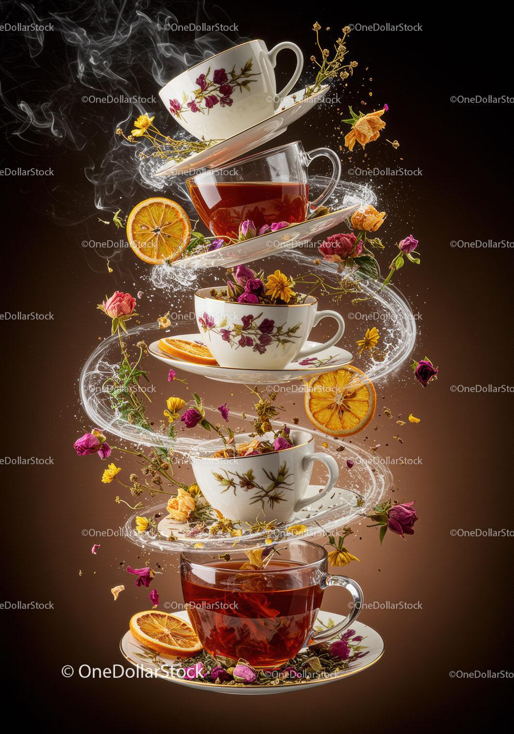 Floating teacups with herbal tea and dried flowers swirl