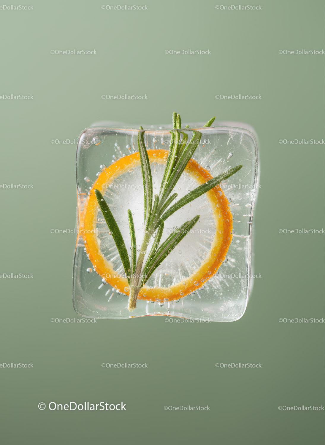 Ice cube with orange slice and rosemary herb