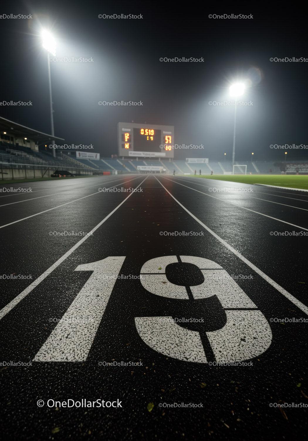 Empty outdoor running track lane nineteen under stadium lights