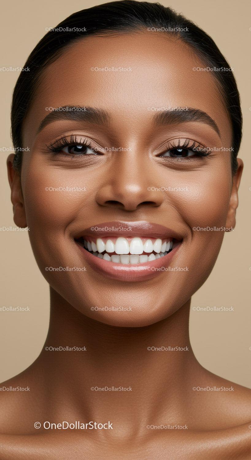 Close up of smiling woman with flawless glowing skin