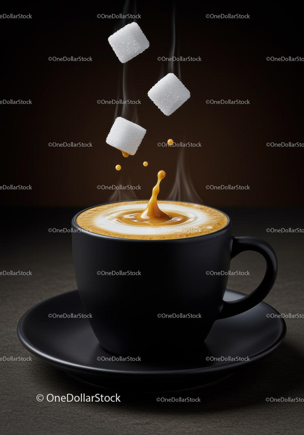Hot coffee with sugar cubes splashing in black cup