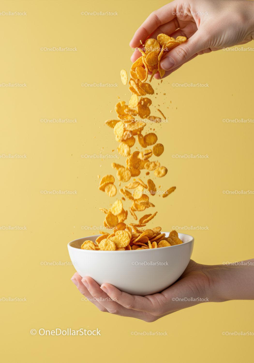 Hand pouring cornflakes into a white bowl on yellow