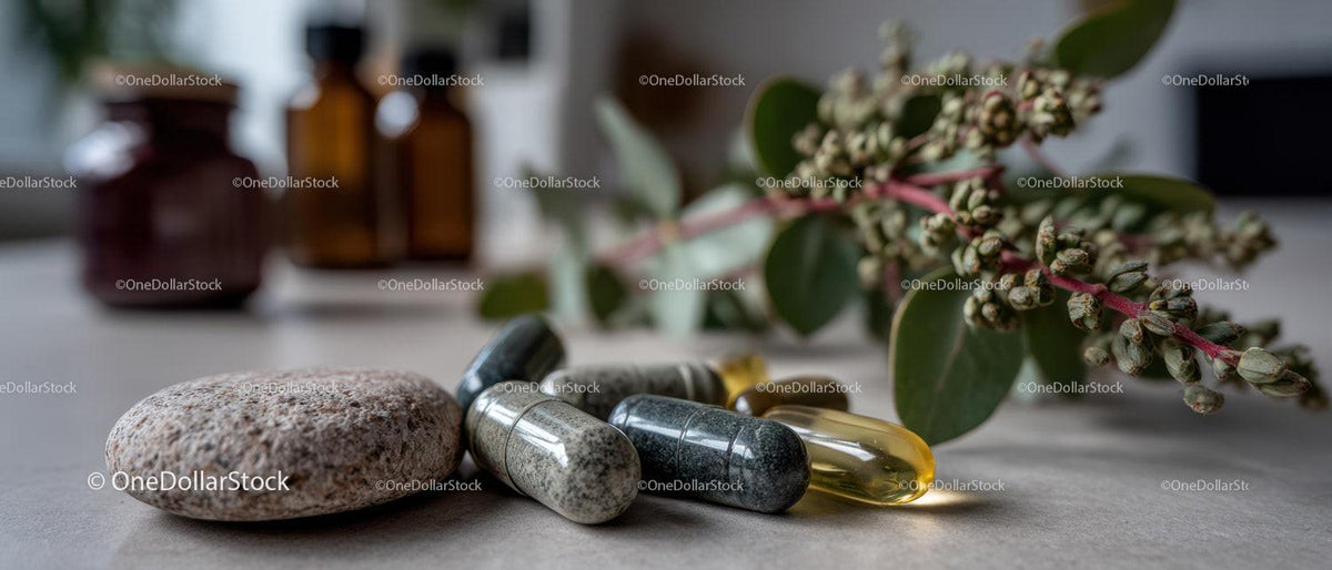 Herbal and Dietary Supplements with Green and Gray Capsules on a Rustic Surface