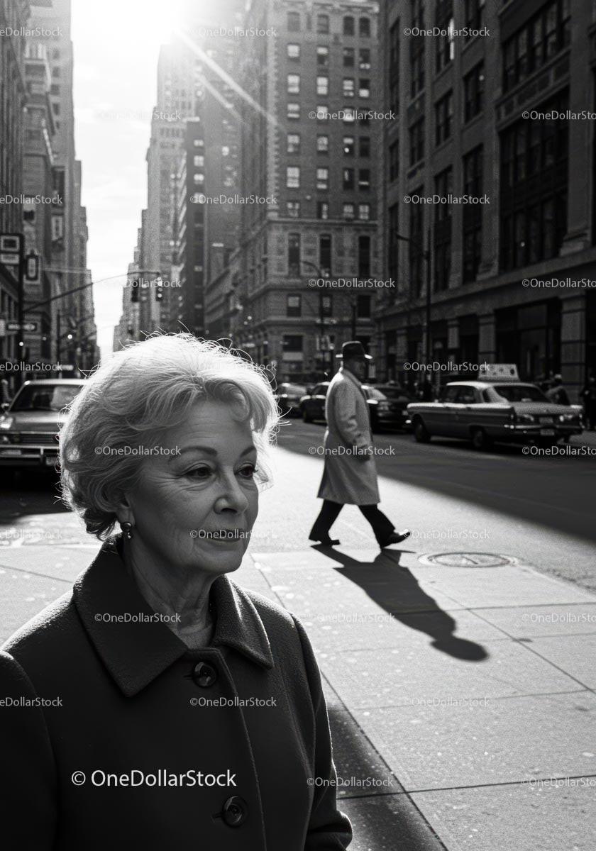 Elderly Woman Walking on City Street in Black and White Urban Scene