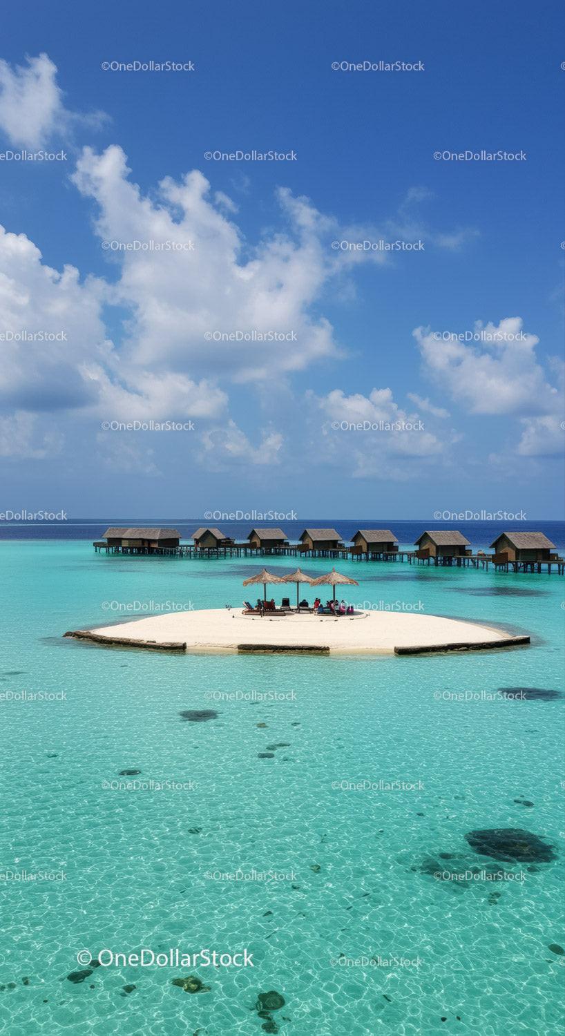 Overwater Bungalows on a Tropical Island with Clear Turquoise Water