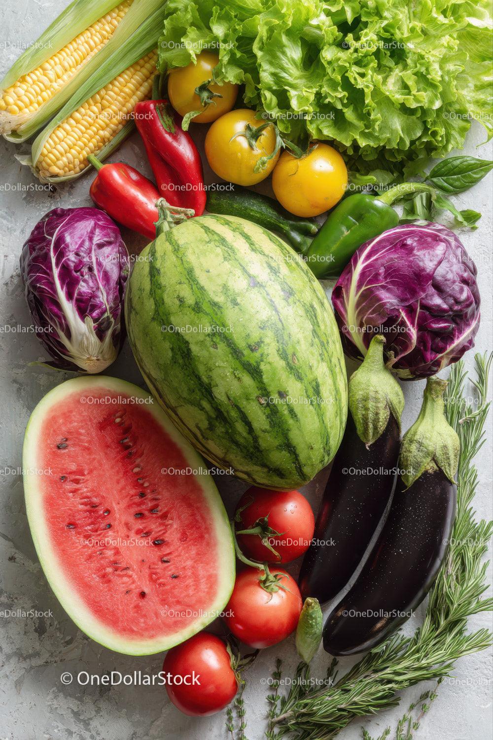 Fresh Garden Vegetables Including Watermelon Bell Pepper and Eggplant