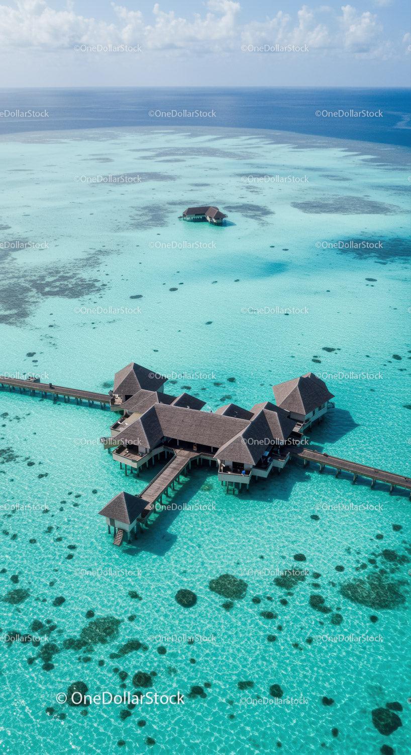 Overwater Bungalows on Turquoise Sea with Pier and Scenic Ocean Views