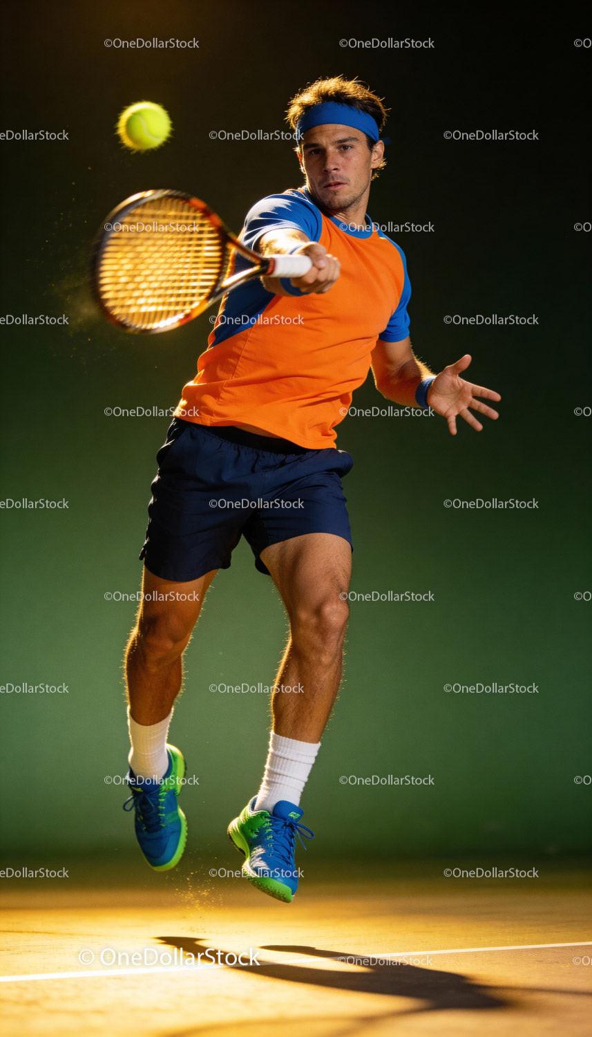 Focused male tennis player jumping to hit ball