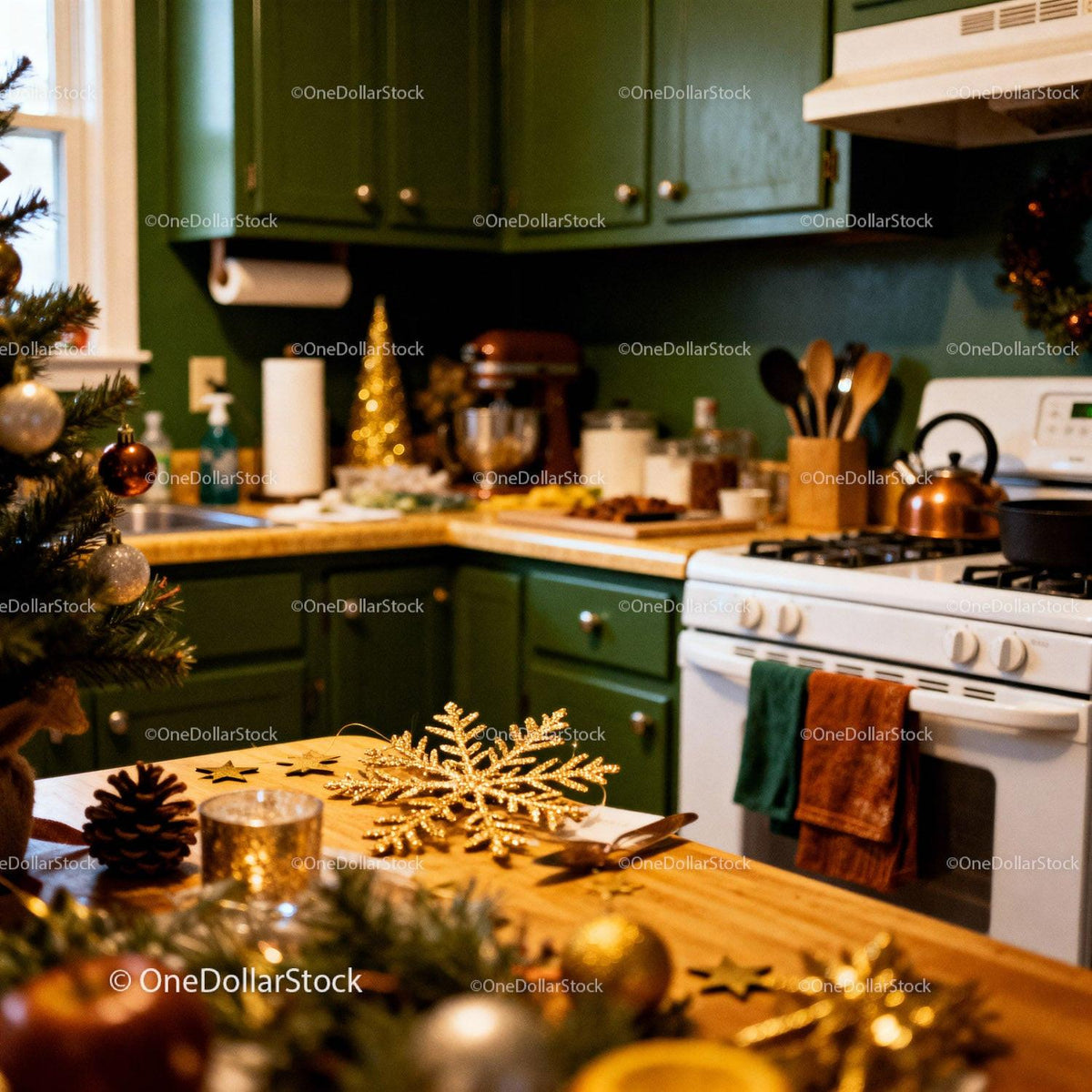 Cozy kitchen decorated for warm Christmas celebration