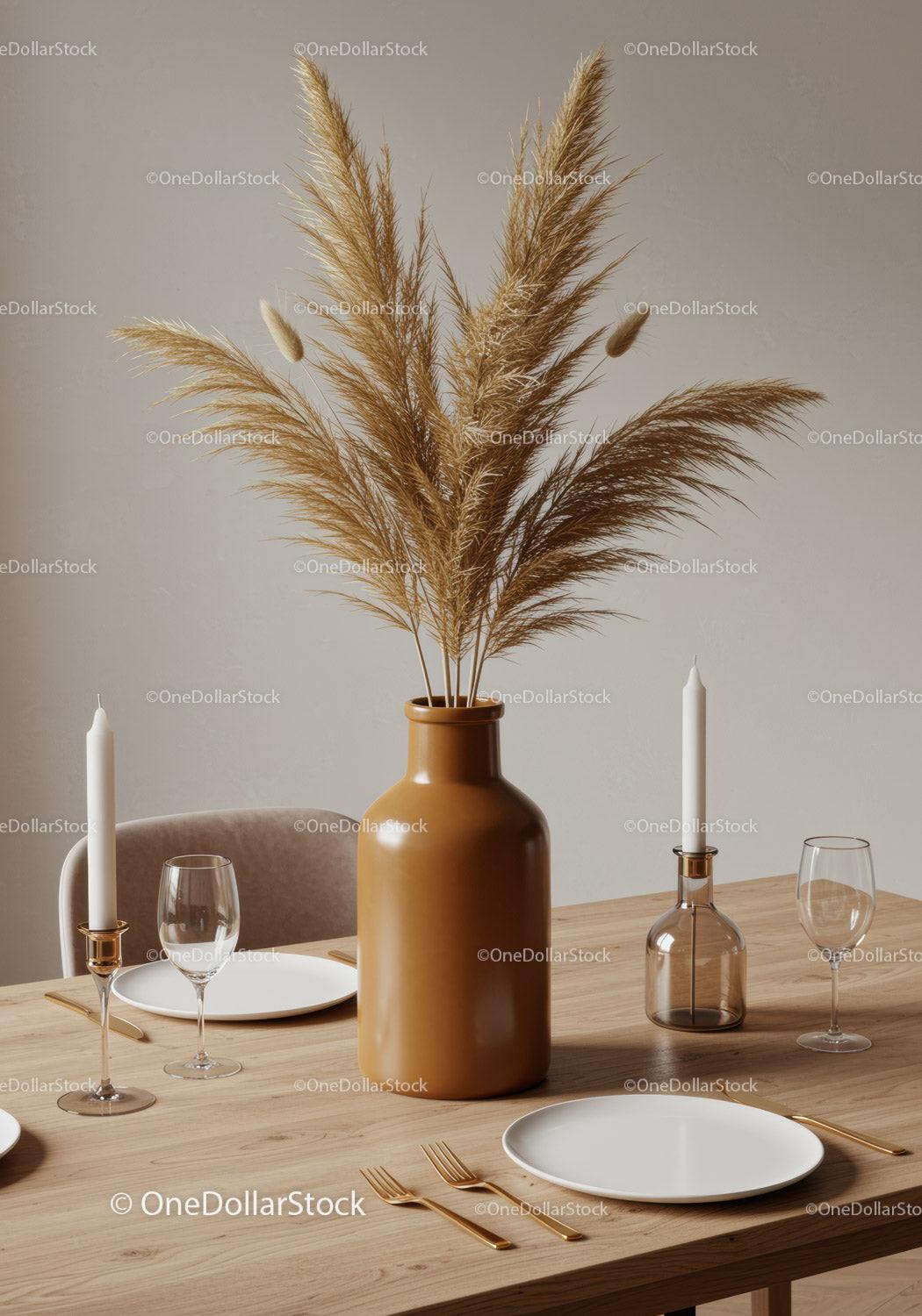 Elegant Dining Table with Amber Vase and Pampas Grass