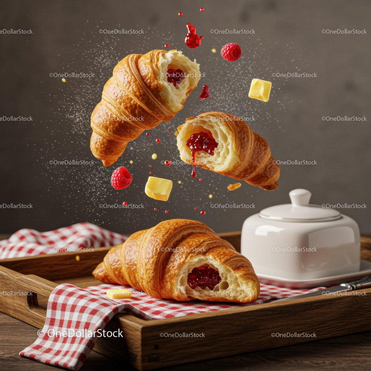 Fresh croissants with raspberry jam and butter on tray