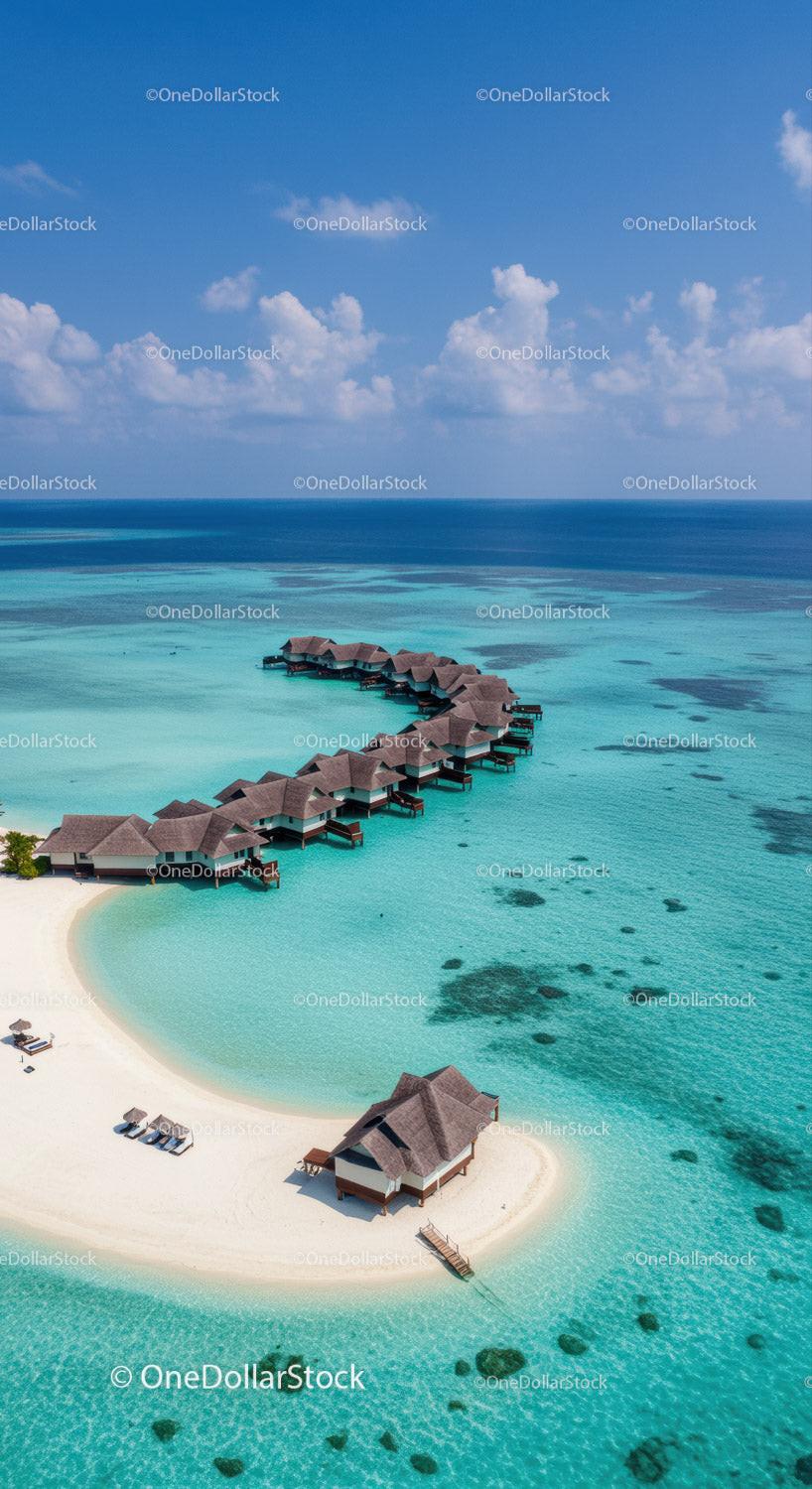 Beautiful Overwater Bungalows on Turquoise Ocean with White Sandy Beach