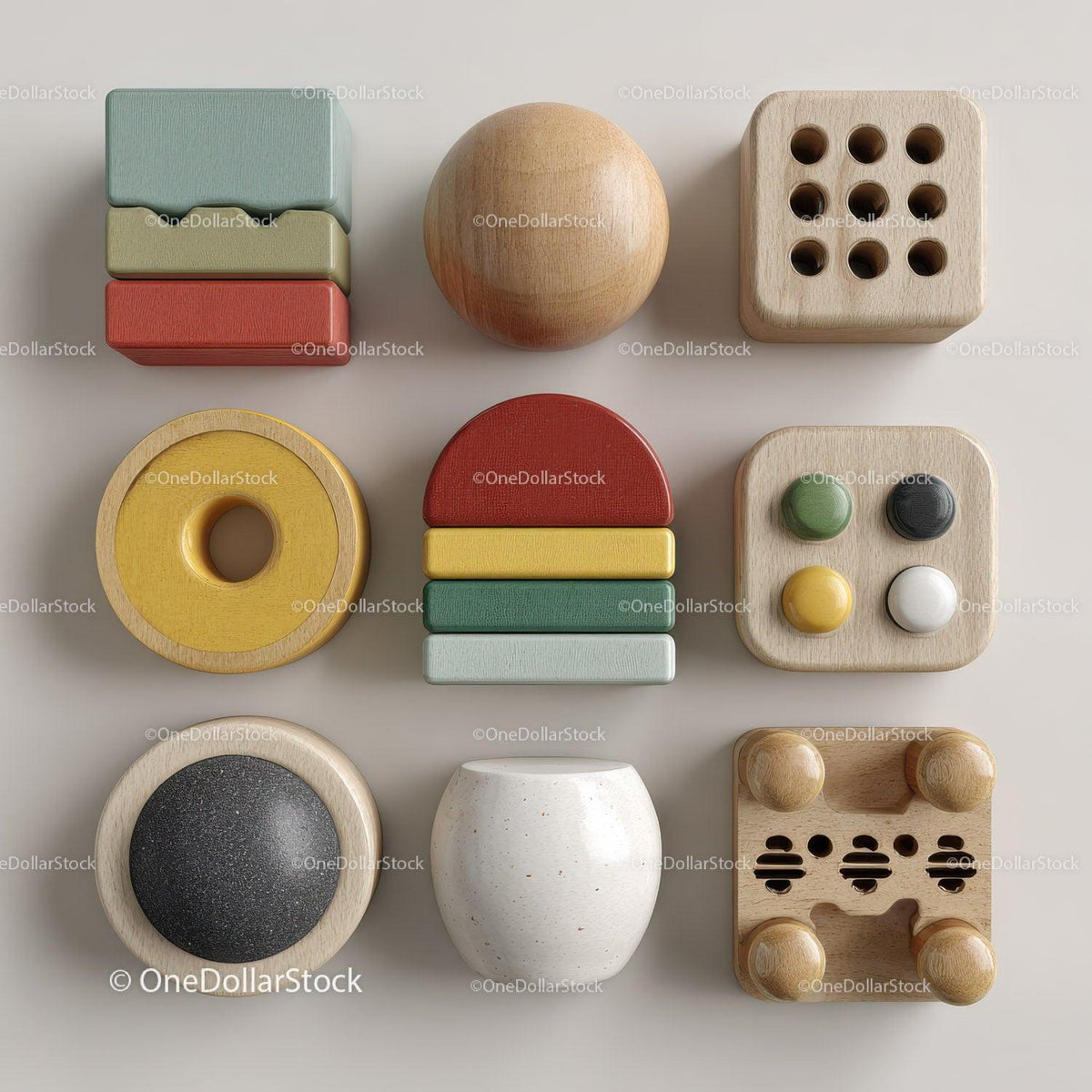 Nine assorted wooden blocks in various shapes and muted colors arranged in a grid layout
