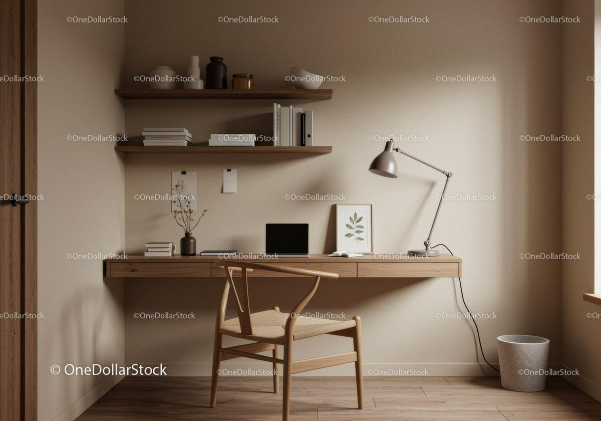Minimalist wooden workspace with natural decor elements