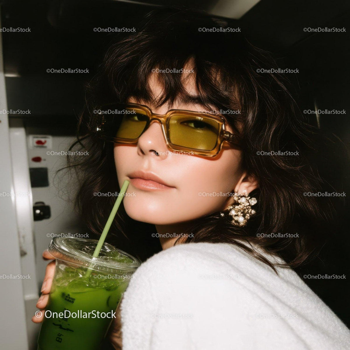 Stylish Woman with Green Drink and Yellow Sunglasses in Urban Setting
