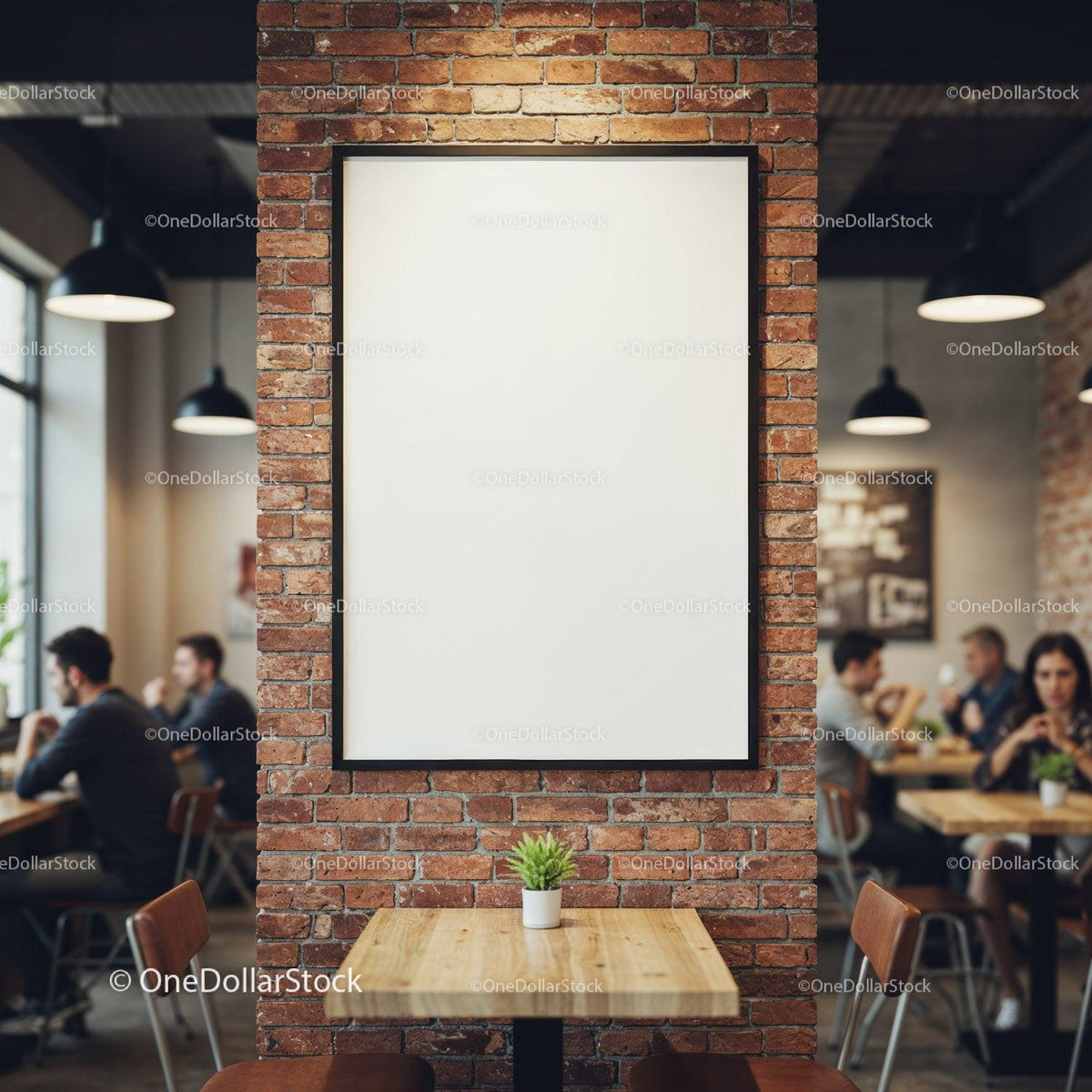Cozy cafe interior with blank poster on brick wall JPG Mockup Image preview