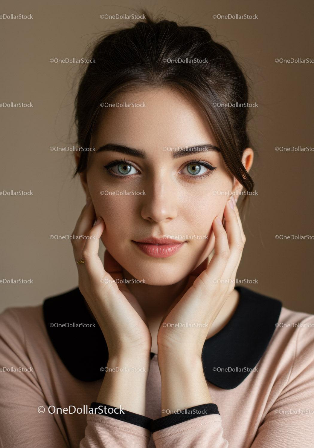 Close-Up Portrait of a Young Woman with Blue Eyes and Brown Hair