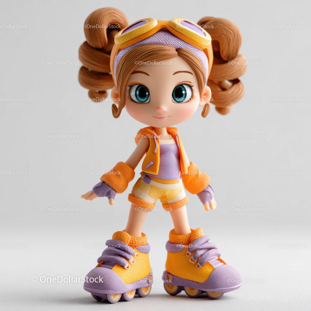Cartoon girl with twin buns wearing orange and purple roller skates and sporty clothes