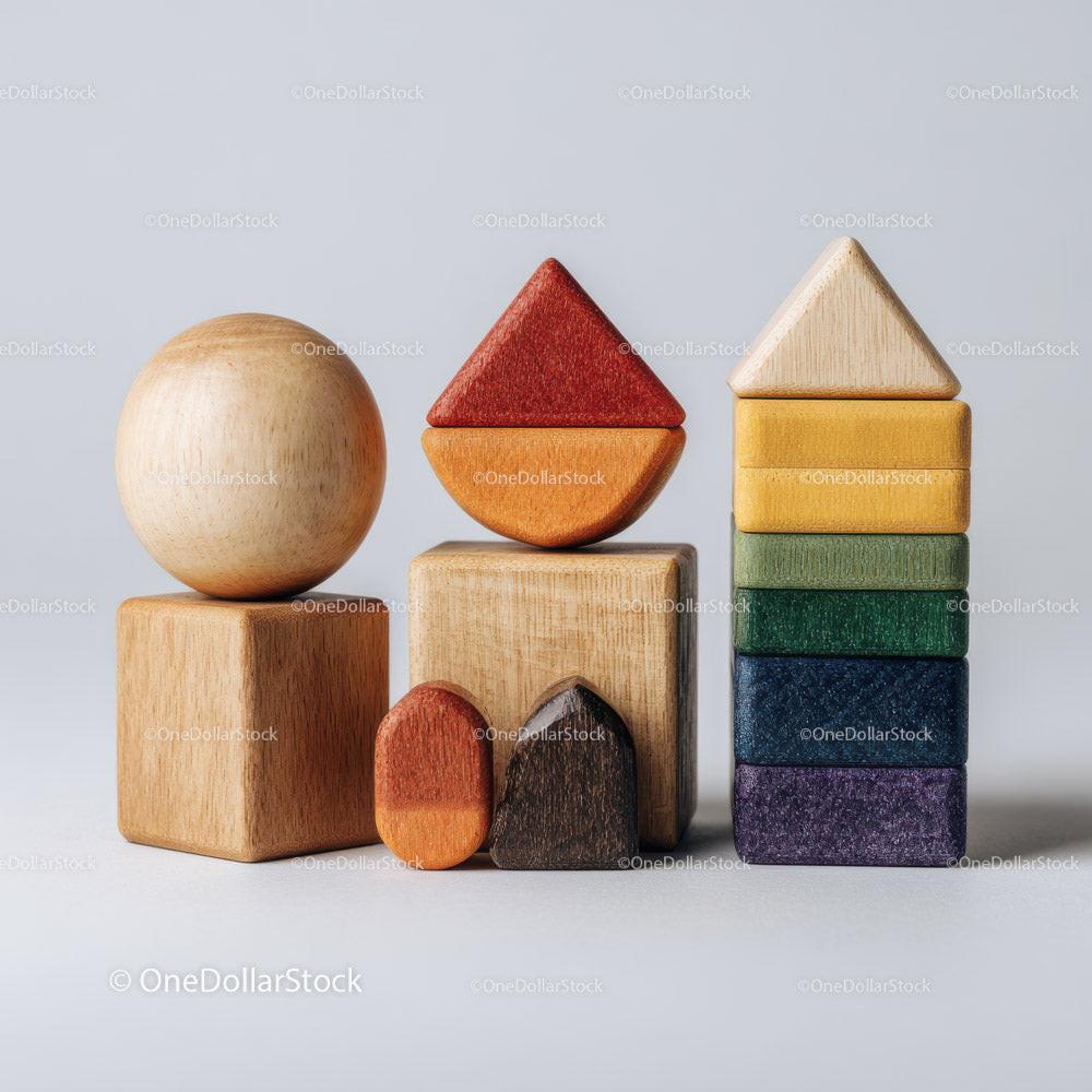 Various wooden geometric blocks stacked and arranged on light surface