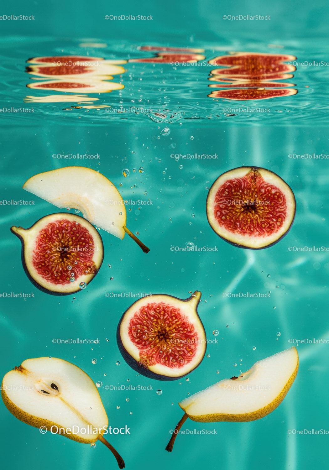 Fresh fig and pear slices floating in clear water