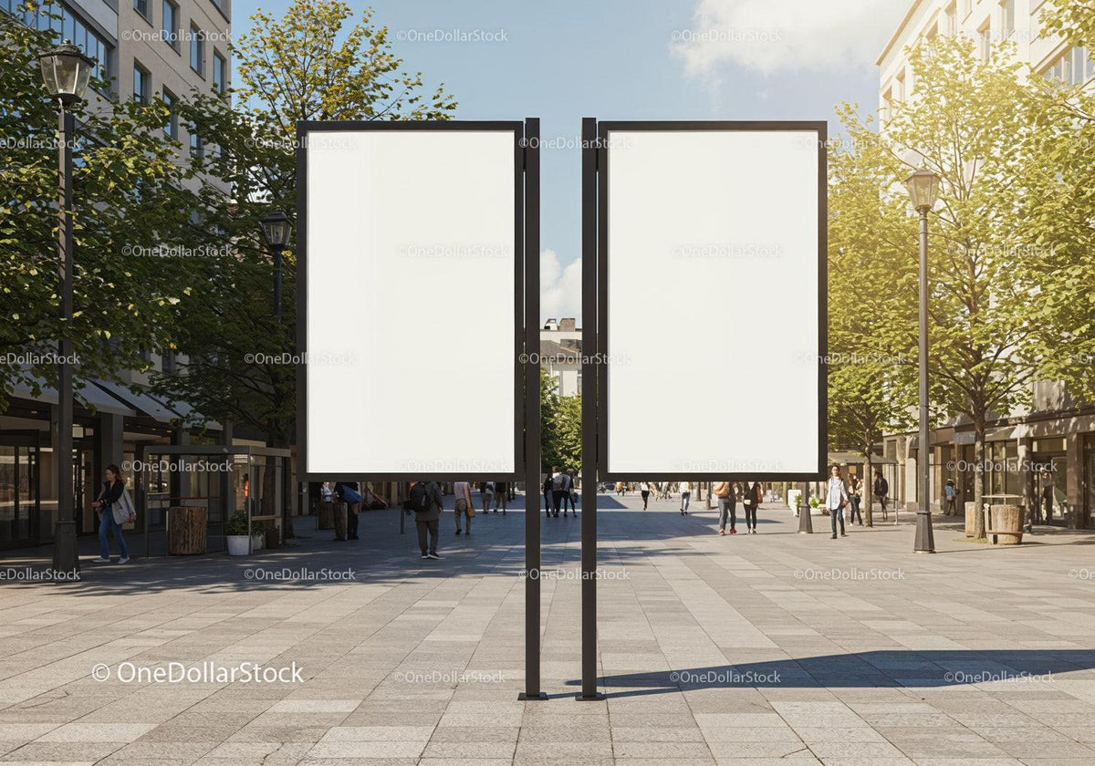 Double blank billboards in busy urban pedestrian street JPG Mockup Image preview