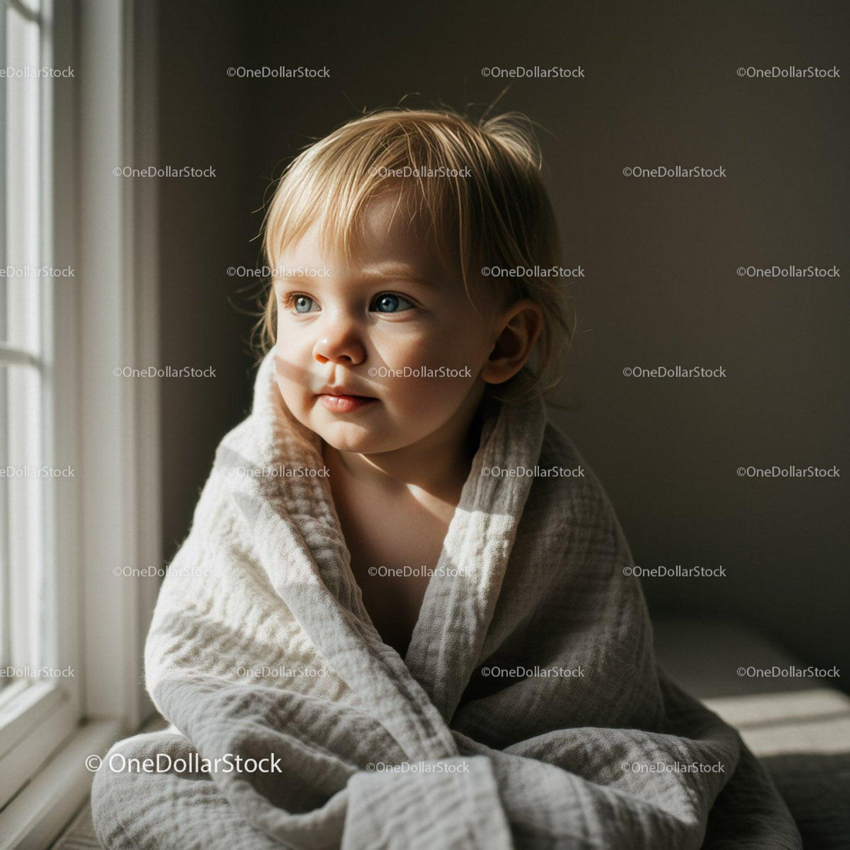 Toddler wrapped in soft blanket near window light
