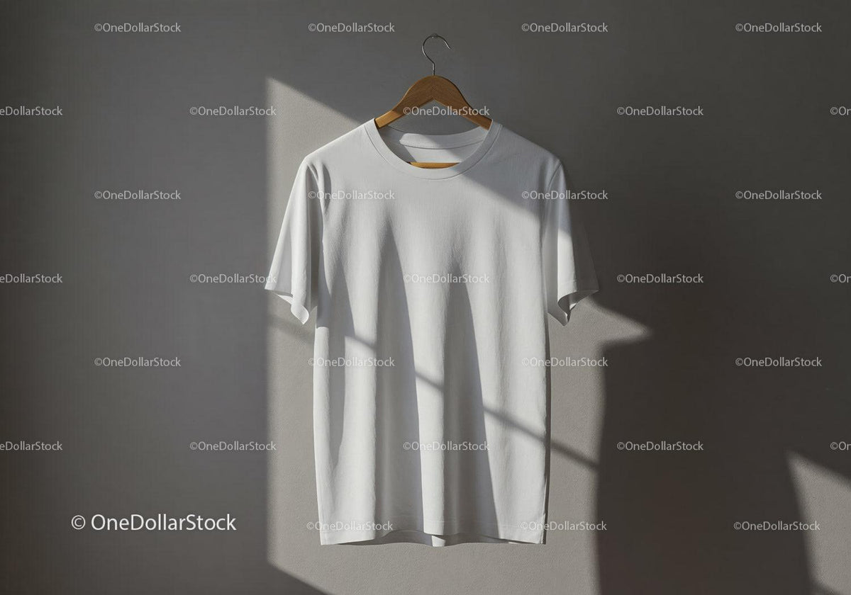 Minimalist white t-shirt hanging on wooden hanger JPG Mockup Image preview